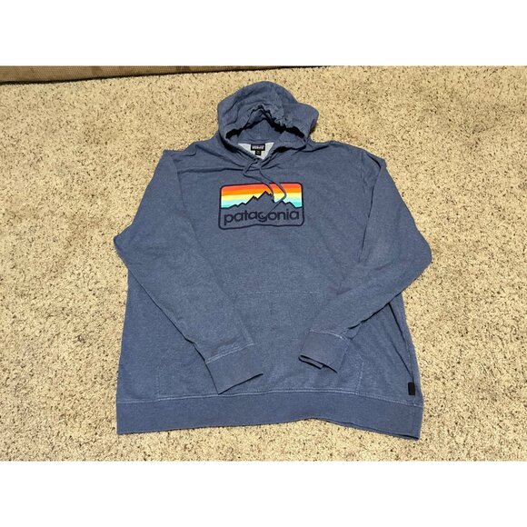 Patagonia Mens Blue Hoodie Size XXL With Rainbow Mountain Logo Graphic - Picture 5 of 13